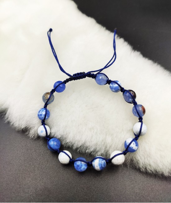 Mavi Akik Taşlı Makrome Örgü Ayarlanabilir Bileklik-BSR0049BY