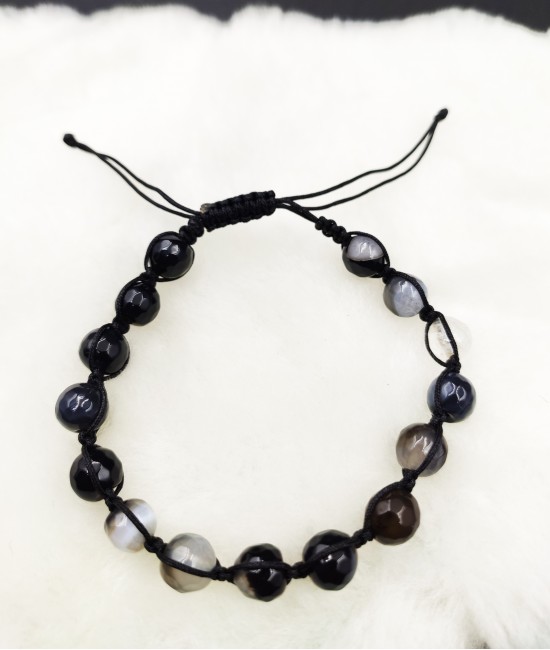 Siyah Akik Taşlı Makrome Örgü Ayarlanabilir Bileklik-BSR0048BY