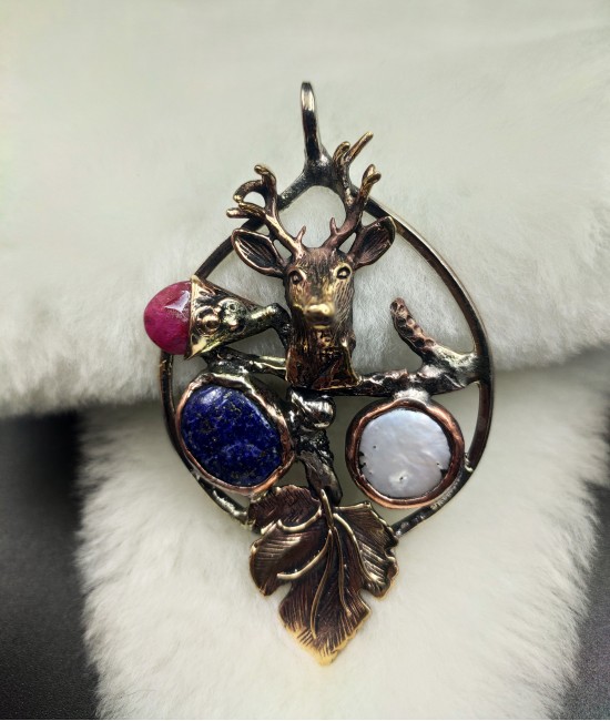 Yakut, Lapis ve İnci Taşlı Etnik Kolye Ucu-BSR00163KKU