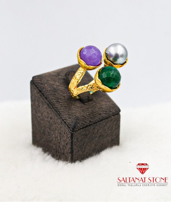 Jade ve Gri Mayorka İnci Taşlı Altın Kaplama Bron Bayan Yüzük - BSV01145BY