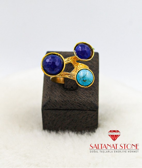 Jade ve Turkuaz Taşlı Altın Kaplama Bronz Bayan Yüzük - BSV01087BY