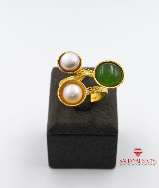 Jade ve İnci Taşlı Altın Kaplama Bronz Bayan Yüzük - BSV01007BY