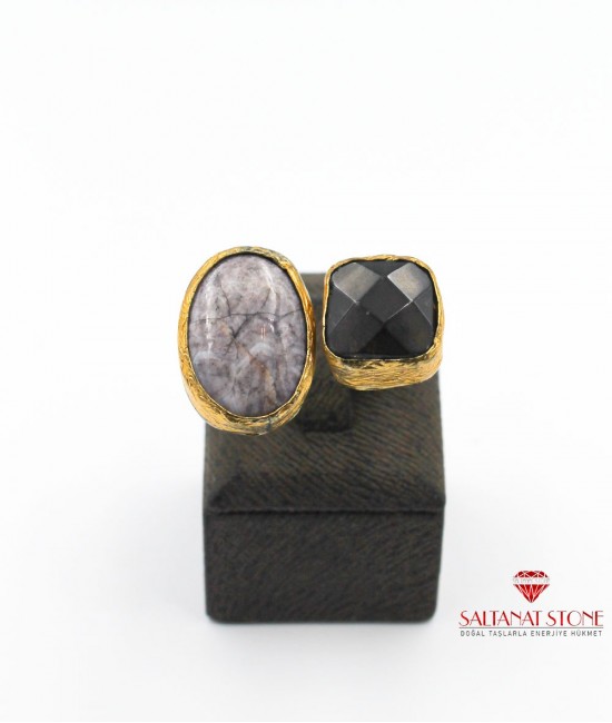 Jasper ve Onyx Taşlı Altın Kaplama Bronz Bayan Yüzük - BSV01004BY