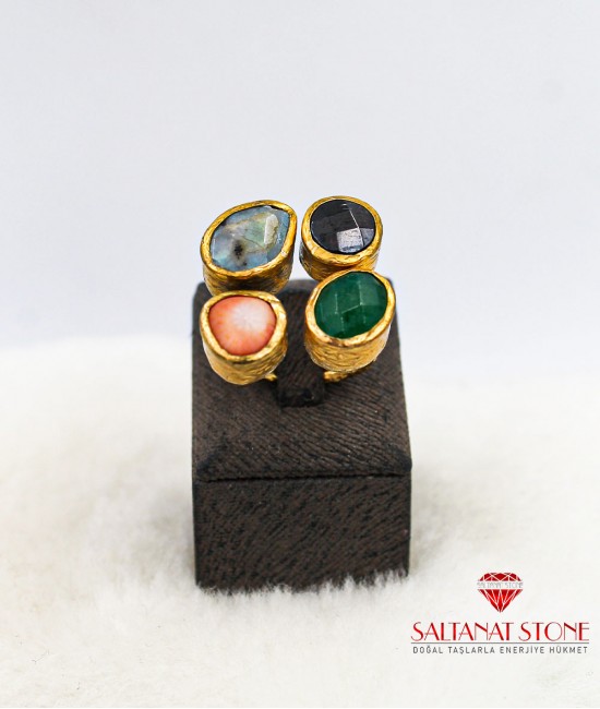 Labradorit Onyx Mercan ve Jade Taşlı Altın Kaplama Bronz Bayan Yüzük - BSV01151BY