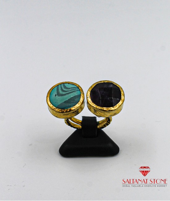 Malahit ve Onyx Taşlı Altın Kaplama Bronz Bayan Yüzük - BSV01196BY