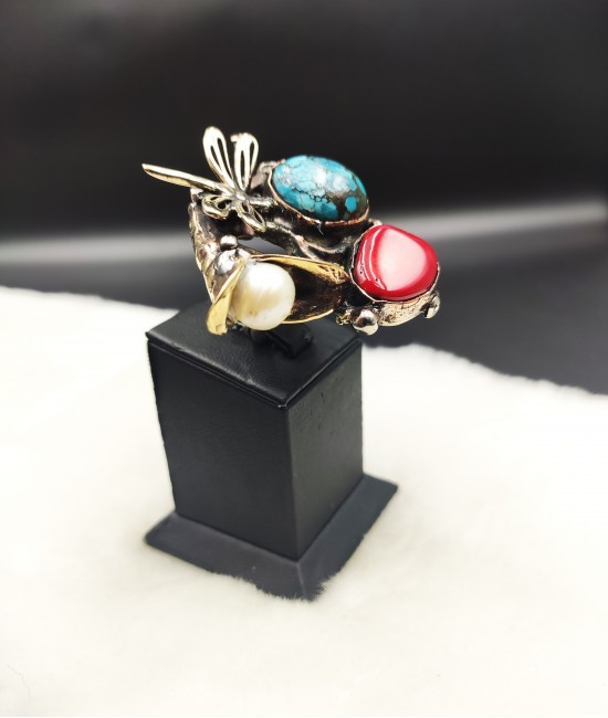 Turkuaz, İnci ve Mercan Taşlı Etnik Yüzük-BSR00329KY