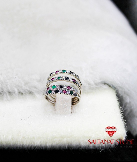 Yakut Zümrüt Safir Taşlı Gümüş Bayan Yüzük - BSR01049KU