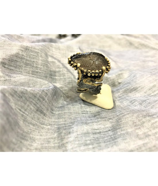 Üstü İşlemeli Smoky Kuarts Taşlı Rodium Kaplama 925 Ayar Gümüş Elişi Bayan Yüzük - RY00201