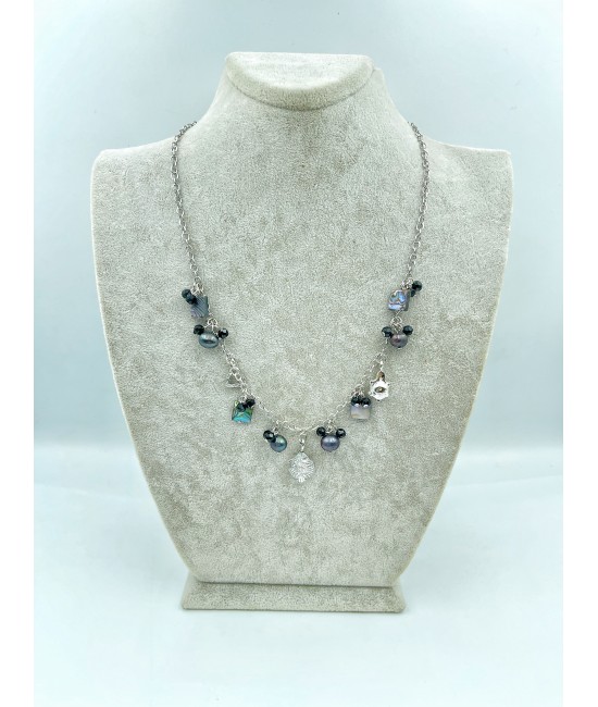 Abolon Sedef ve Siyah İnci Taşlı Gümüş Kolye-BSR0022BKY