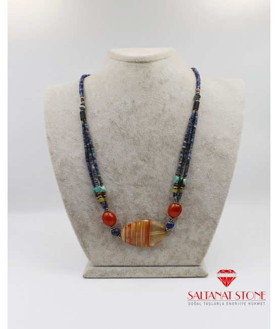 Akik ve Lapis Taşlı Bayan Kolye - BSR02219BK