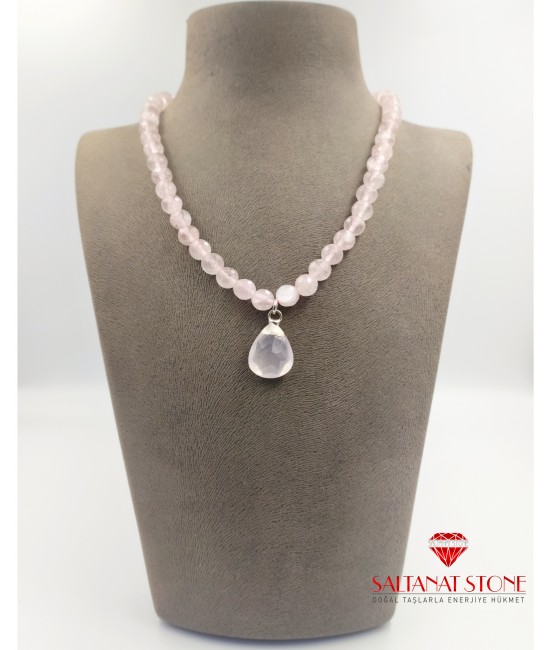 Pembe Kuvars Taşlı Bayan Kolye - BSR02094BK