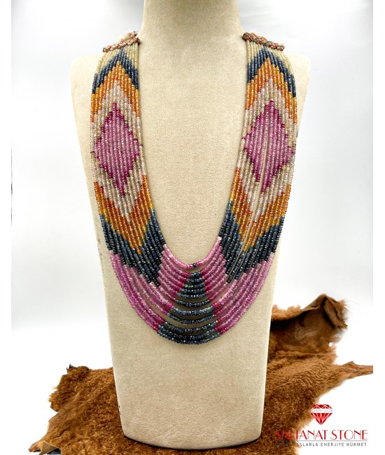 Pembe Safir Sarı Safir Lacivert Safir Beyaz Safir Taşı 13lü Kolye-BSR01537KK