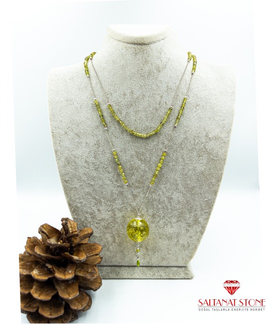 Peridot (Zeberced) Taşı Ve Gümüş Zincirle Yapılmış Uzun Kadın Kolye BSR01575KK