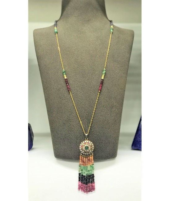 Yakut Zümrüt ve safir Taşlı Otantik Gümüşlü Bayan Kolye - RY0071