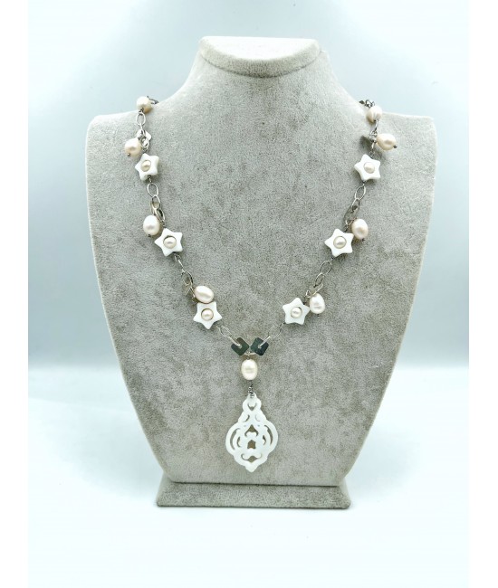 Sedef ve İnci Taşlı Gümüş Kolye-BSR0021BKY