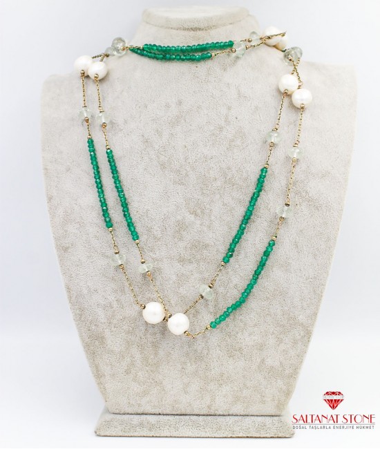 Yeşil Onyx İnci ve Yesil Ametist Taşlı Gümüş Zincirli Bayan Kolye - BSV01606BK