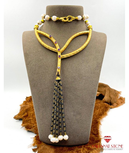 İnci ve Kristal Taşlı Püskül Model Kadın Kolye BSR01519KK