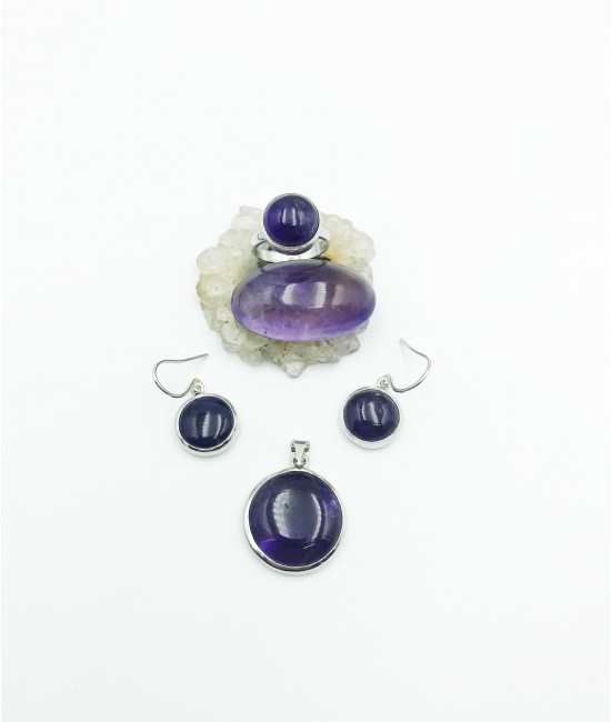 Ametist Taşlı 925 Ayar Gümüş Doğaltaş Bayan Takı Seti-BSR0022TS