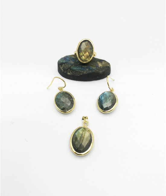 Labradorit Taşlı 925 Ayar Gümüş Doğaltaş Bayan Takı Seti-BSR001TS