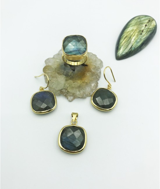 Labradorit Taşlı 925 Ayar Gümüş Doğaltaş Bayan Takı Seti-BSR0029TS