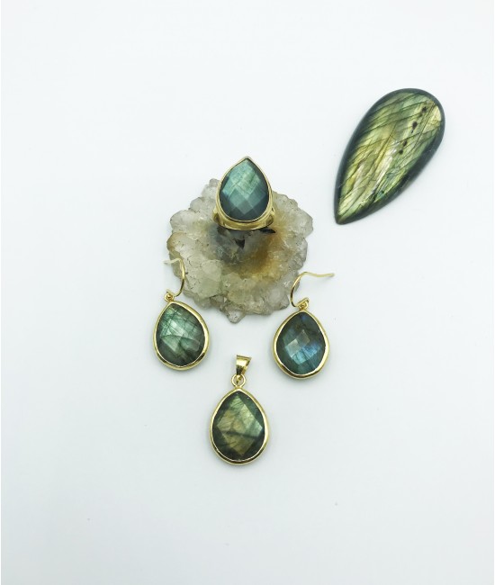 Labradorit Taşlı 925 Ayar Gümüş Doğaltaş Bayan Takı Seti-BSR0039TS