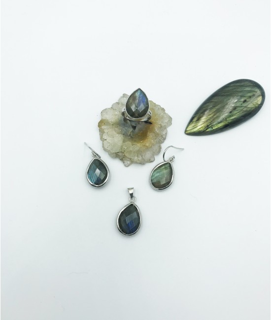 Labradorit Taşlı 925 Ayar Gümüş Doğaltaş Bayan Takı Seti-BSR0047TS