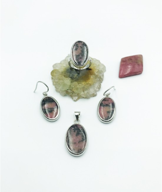 Rodonit Taşlı 925 Ayar Gümüş Doğaltaş Bayan Takı Seti-BSR0016TS