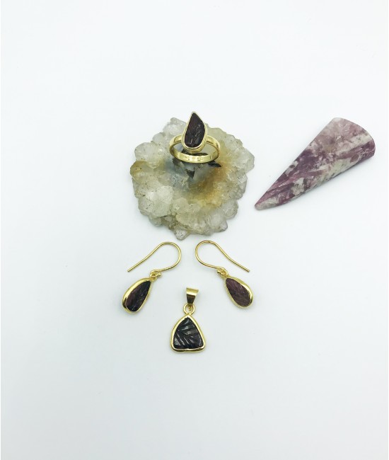 Turmalin Taşlı 925 Ayar Gümüş Doğaltaş Bayan Takı Seti-BSR0058TS