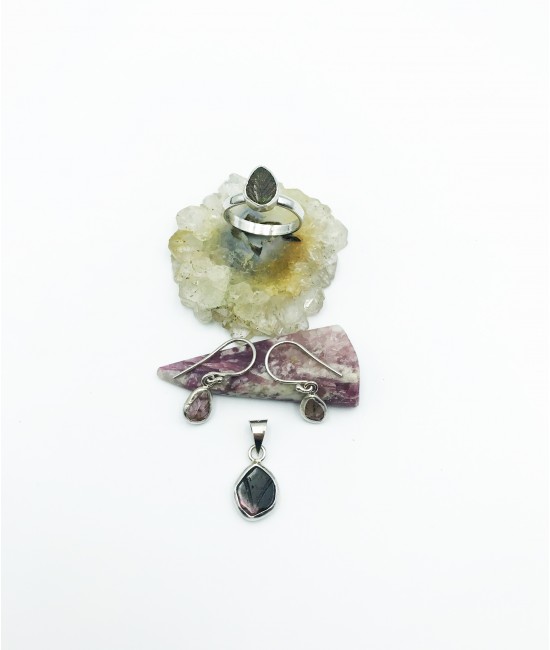 Turmalin Taşlı 925 Ayar Gümüş Doğaltaş Bayan Takı Seti-BSR0067TS