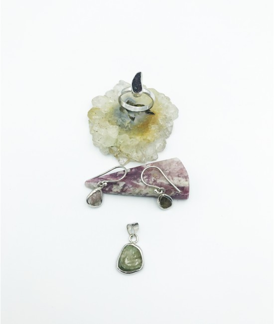 Turmalin Taşlı 925 Ayar Gümüş Doğaltaş Bayan Takı Seti-BSR0068TS