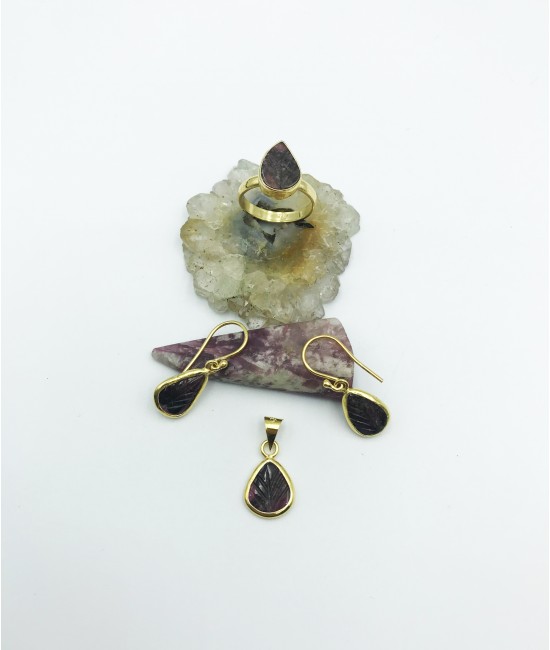 Turmalin Taşlı 925 Ayar Gümüş Doğaltaş Bayan Takı Seti-BSR0074TS