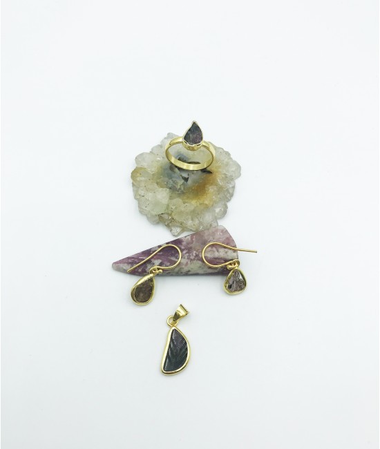 Turmalin Taşlı 925 Ayar Gümüş Doğaltaş Bayan Takı Seti-BSR0077TS