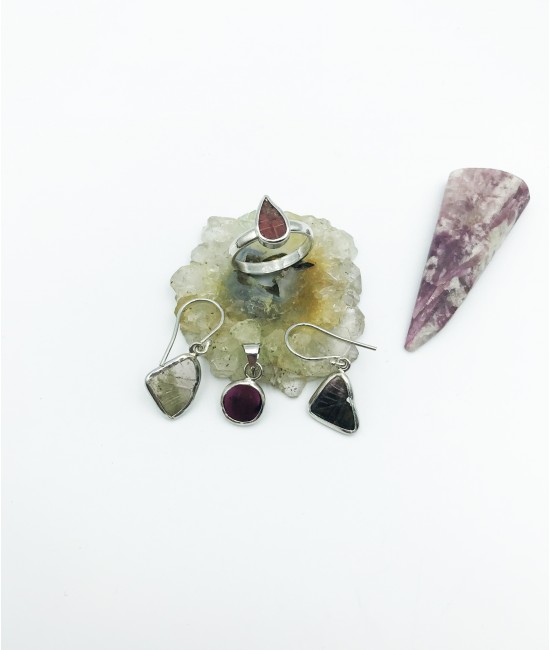 Turmalin Taşlı 925 Ayar Gümüş Doğaltaş Bayan Takı Seti-BSR0091TS