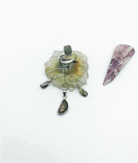 Turmalin Taşlı 925 Ayar Gümüş Doğaltaş Bayan Takı Seti-BSR0092TS