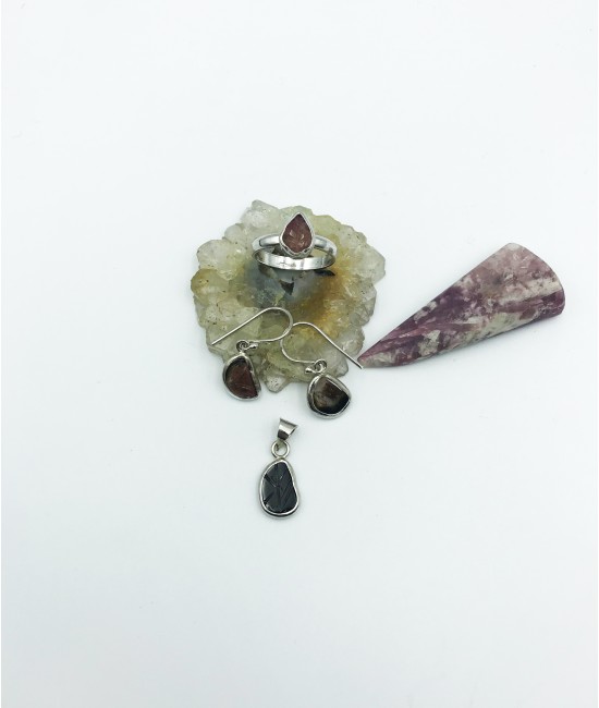 Turmalin Taşlı 925 Ayar Gümüş Doğaltaş Bayan Takı Seti-BSR0096TS