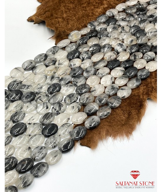 Siyah Rutilli Kuvars 13-18mm Yassı Oval Düz Kesim Doğaltaş Dizi-BSR01503D
