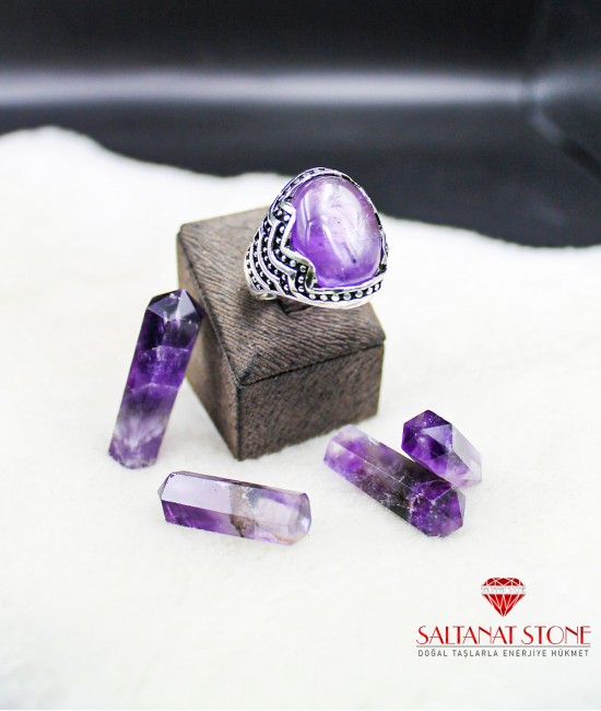 Ametist Taşlı Gümüş Erkek Yüzük - BSR01117KU